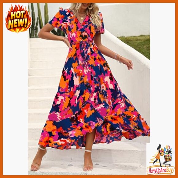 Boho Floral Maxi Dress Wrap V Neck Short Sleeve Summer Beach Wedding Guest - Picture 6 of 7
